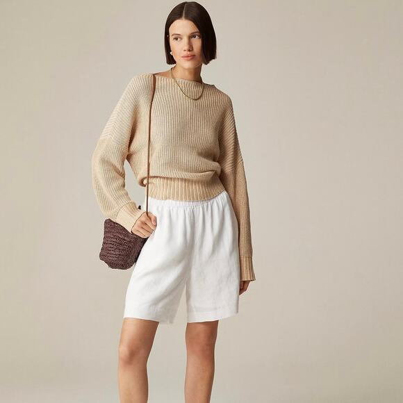 J. Crew Ribbed Funnelneck Sweater in Linen-Cotton Blend in Soft Khaki Bone Sz M - Picture 1 of 11